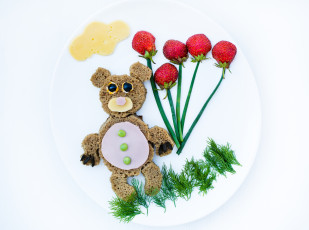 Картинка еда разное сыр хлеб креатив завтрак оливки горошек клубника лук укроп тарелка