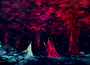 Картинка аниме bleach стволы бьякуя девушка парень лес рукия фан арт блич кроны