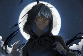 Картинка аниме *unknown+ другое ночь жёлтые глаза хранители снов джек арт капюшон руки посох парень взгляд луна