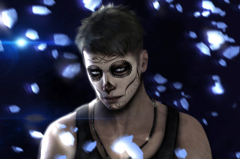 Картинка видео+игры devil+may+cry+4 тёмный фон блики шатен разрисованное лицо взгляд парень