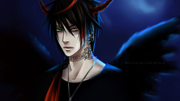 Картинка аниме -angels+&+demons крылья разные глаза лунная ночь тату взгляд демон парень