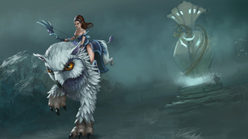 Картинка фэнтези красавицы+и+чудовища существо клюв глаза лапы девушка оружие башня mirana dota+2 лук+и+стрелы грифон