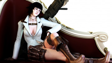 Картинка видео+игры devil+may+cry кулон сидит брюнетка разные глаза пиджак сапоги девушка оружие софа