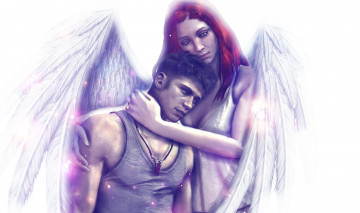 Картинка видео+игры devil+may+cry+4 шатен красные волосы белый фон кулон майка ангел крылья девушка парень объятия арт