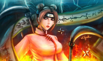 Картинка аниме naruto сюрикены надписи оружие свиток девушка огонь тен-тен наруто