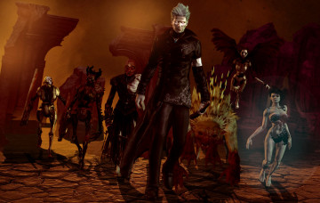 Картинка видео+игры devil+may+cry+4 иглы крылья существа монстры нечисть девушка плащь парень развалины руины