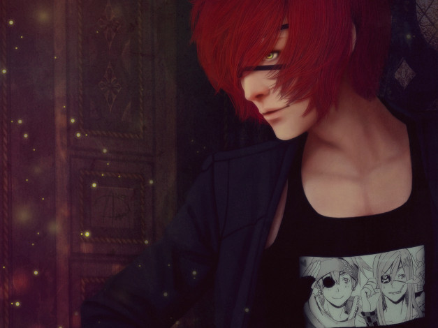 Обои картинки фото аниме,  gray-man, красные, волосы, повязка, парень, ди, грей, мен, майка, с, фото, искры, зелёный, глаз, lavi