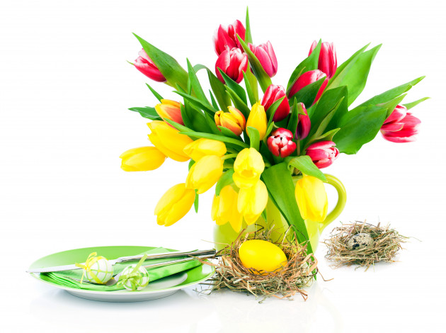 Обои картинки фото праздничные, пасха, тюльпаны, крашенки