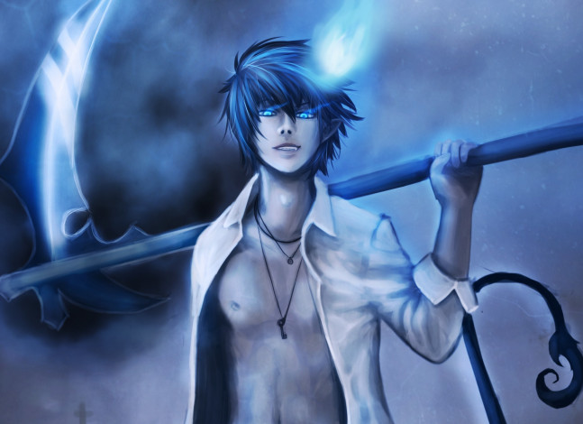 Обои картинки фото аниме, ao no exorcist, демон, рин, синий, экзорцист, арт, свечение