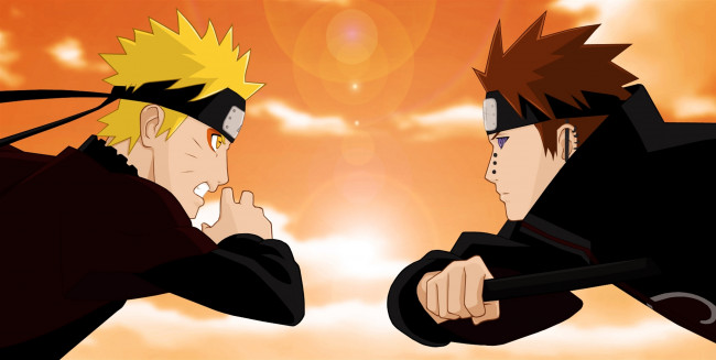 Обои картинки фото аниме, naruto, закат, яхико, пэйн, парни, оскал, режим, саннина, блондин, наруто