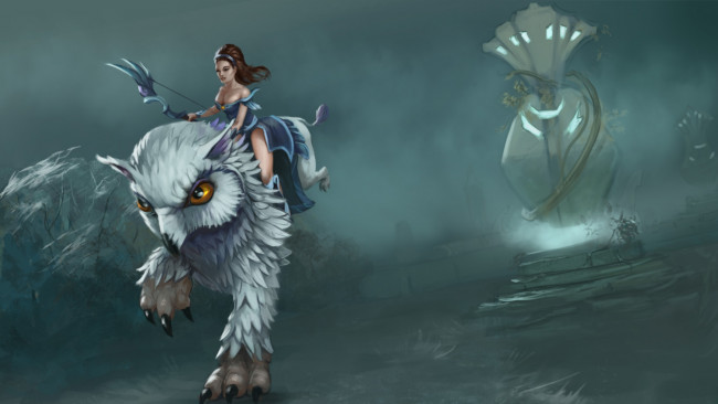 Обои картинки фото фэнтези, красавицы и чудовища, существо, клюв, глаза, лапы, девушка, оружие, башня, mirana, dota 2, лук и стрелы, грифон