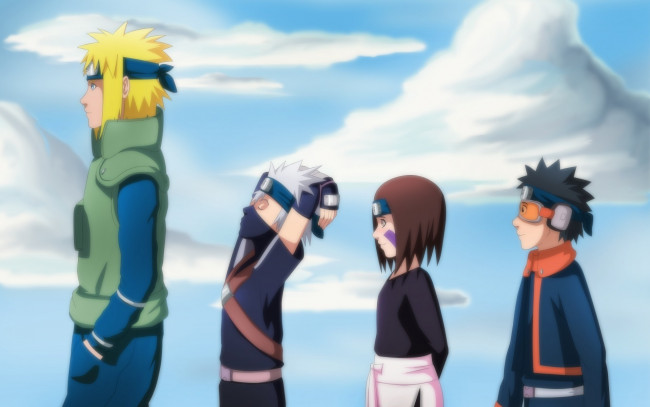 Обои картинки фото аниме, naruto, команда, какаши, минато, небо, обито, рин