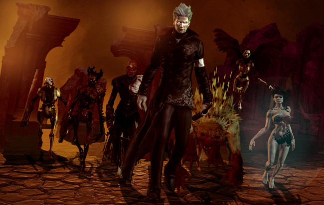 Обои картинки фото видео игры, devil may cry 4, иглы, крылья, существа, монстры, нечисть, девушка, плащь, парень, развалины, руины