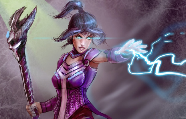 Обои картинки фото фэнтези, маги,  волшебники, магия, посох, волосы, хвост, взгляд, девушка