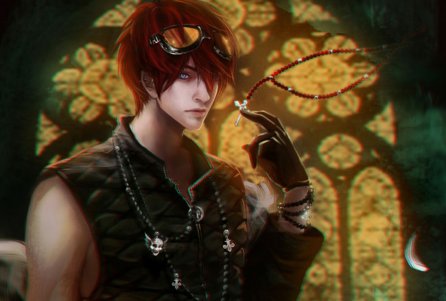 Обои картинки фото аниме, *unknown , другое, парень, взгляд, перья, череп, жилет, крестик, бусы, красноволосый, узоры, арка, окно, очки