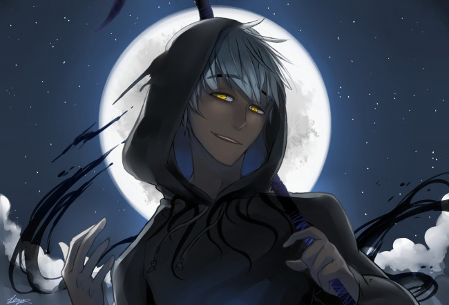 Обои картинки фото аниме, *unknown , другое, ночь, жёлтые, глаза, хранители, снов, джек, арт, капюшон, руки, посох, парень, взгляд, луна