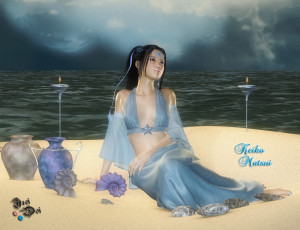 Картинка 3д+графика люди+ people море песок девушка фон взгляд ракушки амфоры