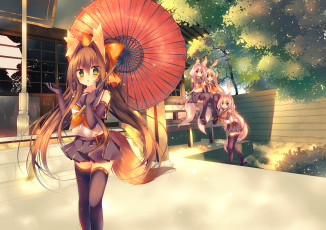 Картинка аниме животные +существа зонтики зелень деревья девушки арт saichuu хвосты ушки