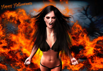 Картинка 3д+графика праздники+ holidays огонь вампир фон взгляд девушка