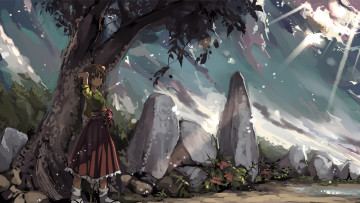 Картинка аниме touhou +дерево девочка дорога  арт hieda+no+akyuu shimadoriru