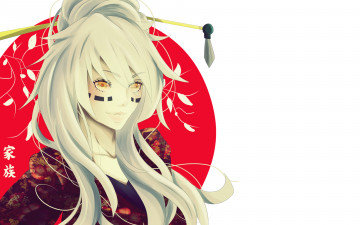 Картинка аниме unknown +другое блондинка девушка ветки желтые глаза улыбка красный диск метки иероглифы