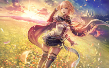 Картинка аниме unknown +другое девушка лепестки ветер замок закат