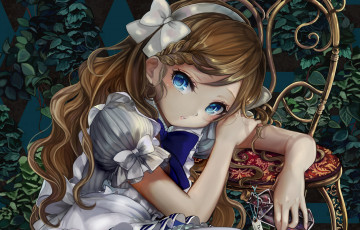 Картинка аниме alice+in+wonderland пузырек стул девочка коса листья бирка