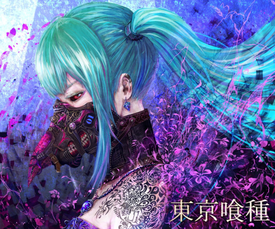 Обои картинки фото аниме, vocaloid, татуировка, цветы, tokyo, ghoul, маска, арт, yamamoto, ari, hatsune, miku, токийский, гуль, кулон