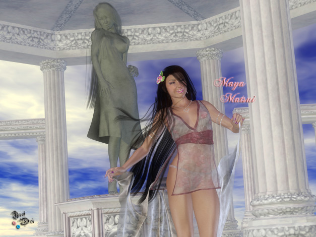 Обои картинки фото 3д графика, люди , people, колоны, скульптура, фон, взгляд, девушка