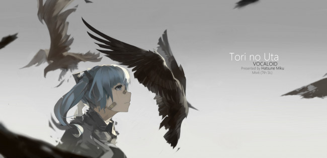 Обои картинки фото аниме, vocaloid, птицы, mivit, hatsune, miku, девушка, арт