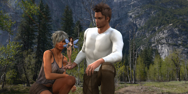 Обои картинки фото 3д графика, фантазия , fantasy, фея, мужчина, фон, взгляд, девушка