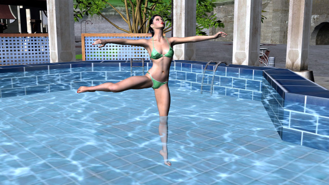 Обои картинки фото 3д графика, люди , people, бассейн, фон, взгляд, девушка