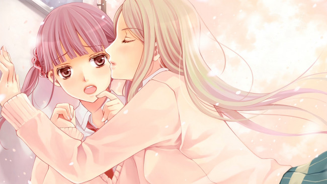 Обои картинки фото sakura trick, аниме, unknown,  другое, поцелуй, девушки, арт, noda, kotone, minami, shizuku, sakura, trick