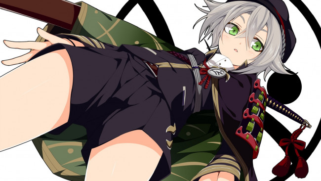 Обои картинки фото touken ranbu, аниме, оружие,  техника,  технологии, девушка, арт, глаза, зелёные, touken, ranbu, меч, взгляд, sakurame, hotarumaru