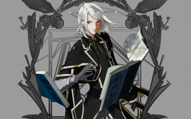 Обои картинки фото аниме, магия,  колдовство,  halloween, взгляд, книги, пентаграмма, парень