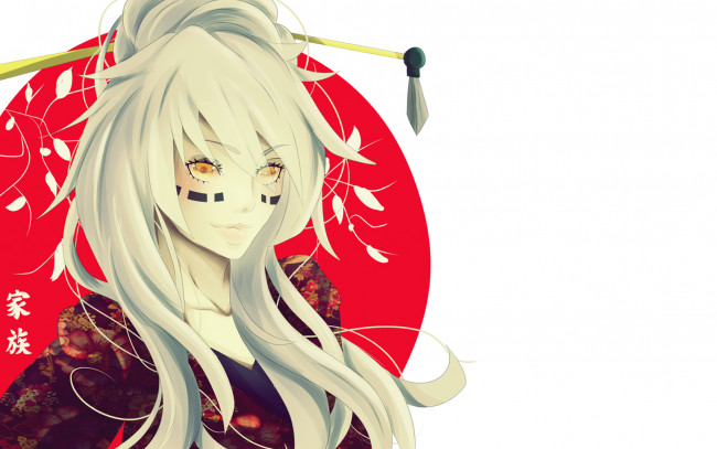 Обои картинки фото аниме, unknown,  другое, блондинка, девушка, ветки, желтые, глаза, улыбка, красный, диск, метки, иероглифы