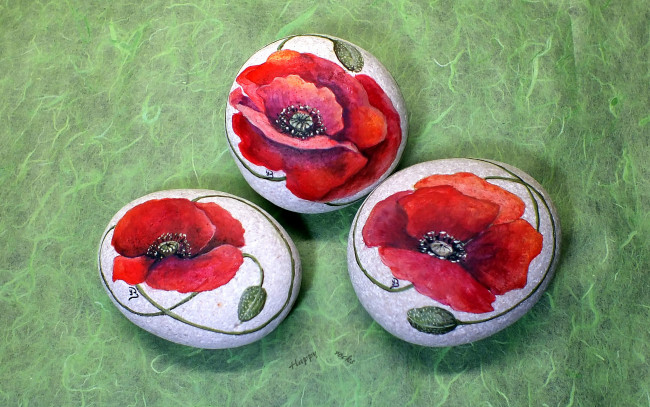 Обои картинки фото разное, ремесла,  поделки,  рукоделие, цветы, разрисованные, камни, маки