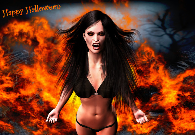 Обои картинки фото 3д графика, праздники , holidays, огонь, вампир, фон, взгляд, девушка