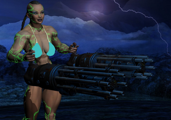 Обои картинки фото 3д графика, фантазия , fantasy, девушка, оружие, фон, взгляд