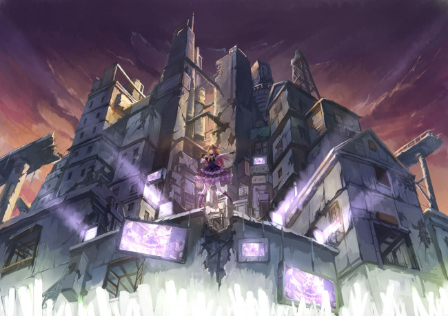 Обои картинки фото аниме, idolm@ster, телевизор, девушка, дома, здания, город, музыка, песня, облака, микрофон, платье, бант, cinderella, girls, shibuya, rin, xinuo, небо, руины