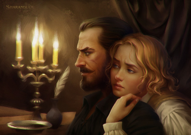 Обои картинки фото рисованное, люди, профиль, свечи, взгляд, девушка, мужчина, арт, перо