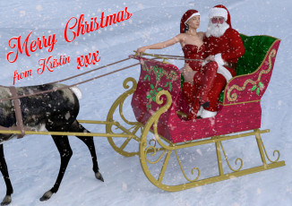 Картинка 3д+графика праздники+ holidays санки фон санта клаус снег девушка взгляд