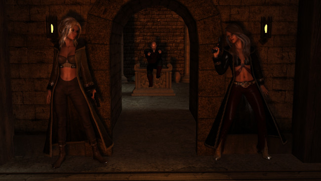 Обои картинки фото 3д графика, фантазия , fantasy, девушки, взгляд, фон, оружие