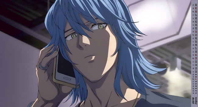 Обои картинки фото календари, аниме, телефон, лицо, парень, взгляд