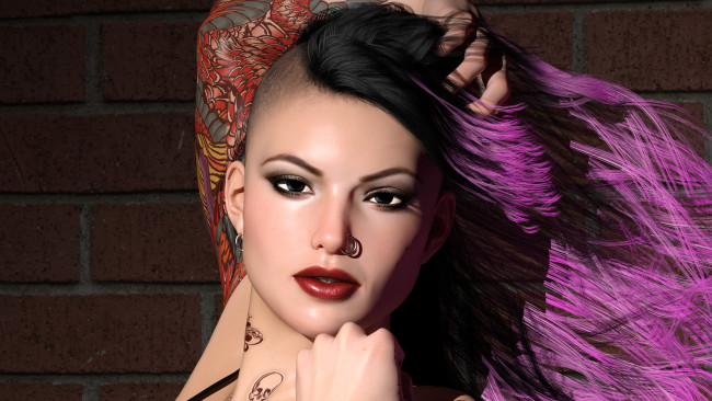 Обои картинки фото 3д графика, портрет , portraits, девушка, фон, взгляд, пирсинг