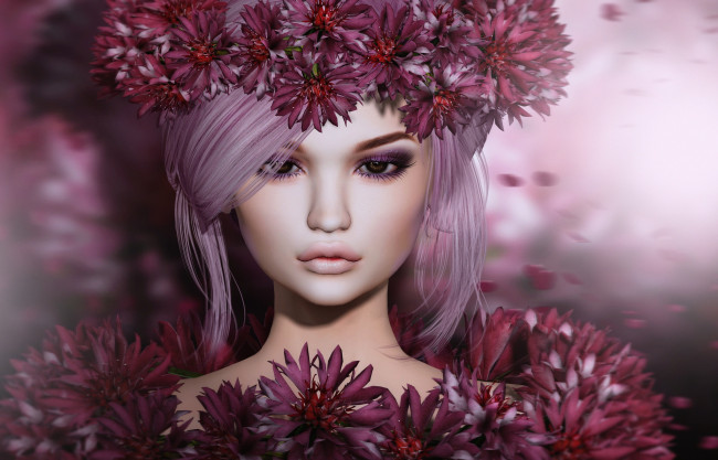 Обои картинки фото 3д графика, портрет , portraits, цветы, взгляд, лицо, фон, лепестки