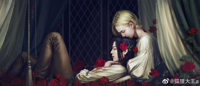 Обои картинки фото рисованное, люди, парни, шторы, розы, цветы