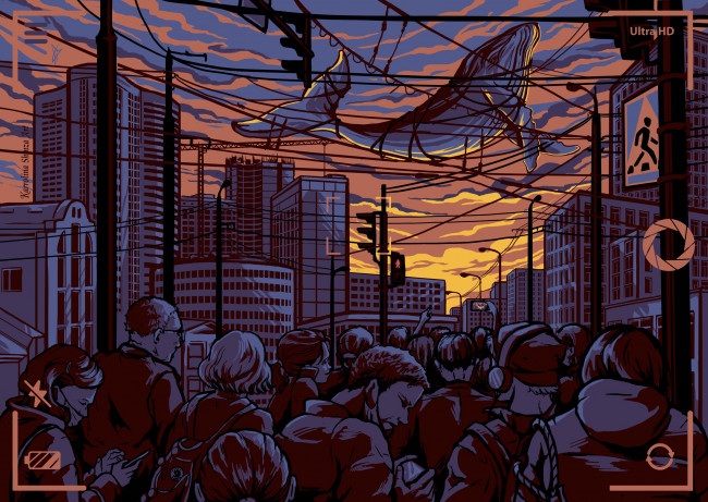 Обои картинки фото рисованное, люди, толпа, город, кит, провода