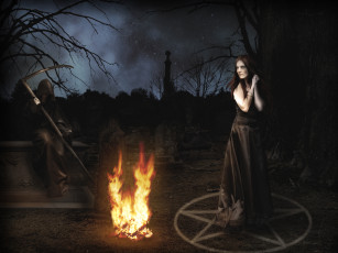 Картинка разное компьютерный+дизайн девушка пентограмма костер коса смерть кладбище