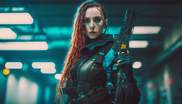 Картинка девушки -+креатив +косплей al art женщины киберпанк доспехи оружие с оружием униформа смотрят на зрителя длинные волосы